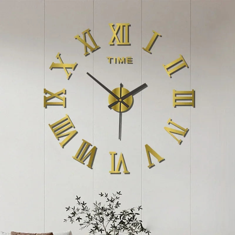 Large Size 3D DIY Silent Wall Clock Black/Gold/Silver Simple Modern Punch-Free Wall Sticker Clock