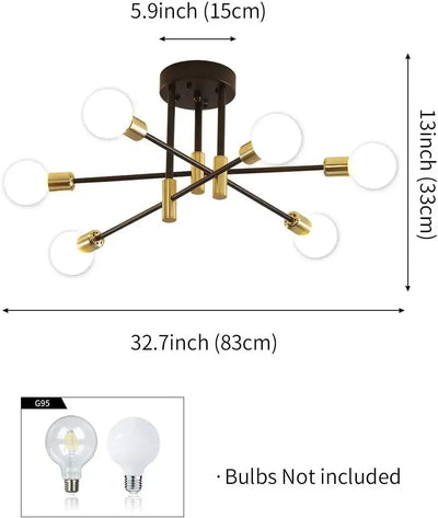 Sputnik Chandelier Industrial Semi Flush Mount Pendant Lamp Modern Ceiling Light Fixture for Kitchen Dining Bedroom Room