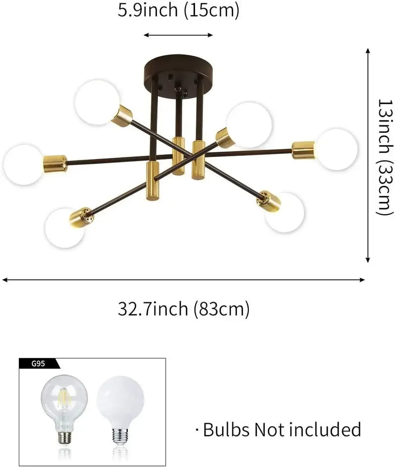Sputnik Chandelier Industrial Semi Flush Mount Pendant Lamp Modern Ceiling Light Fixture for Kitchen Dining Bedroom Room