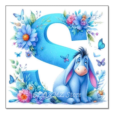 5D DIY Full Round Diamond Painting Letter Series Eeyore Donkey and Flowers Mosaic Art Kit Room Home Living Room Decoration