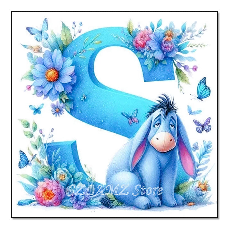 5D DIY Full Round Diamond Painting Letter Series Eeyore Donkey and Flowers Mosaic Art Kit Room Home Living Room Decoration