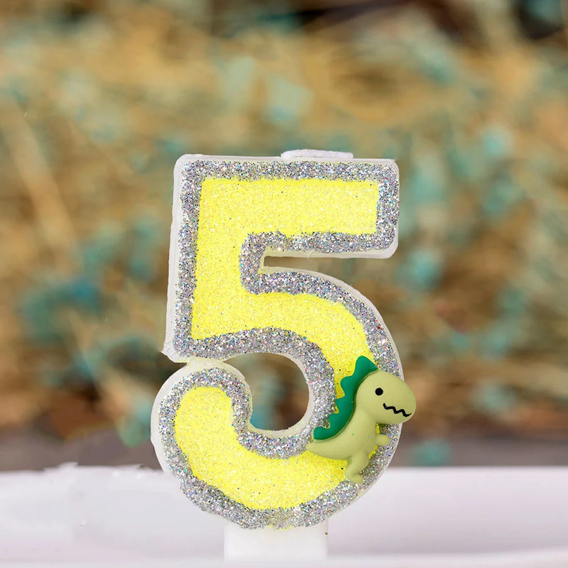 Cartoon Dinosaur Birthday Candle For Cake  Yellow Green Glitter Cupcakes Topper Kids Party Number 0-9 Supplies Boys Favor Gifts