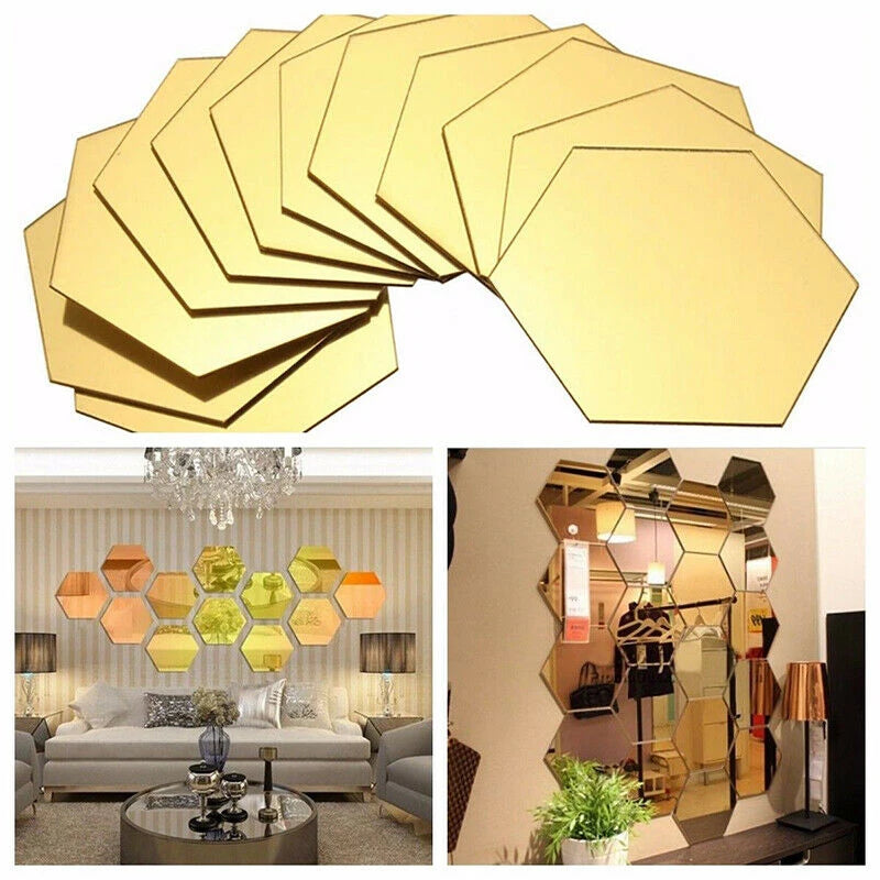 12Pcs Hexagon Mirror Wall Sticker Square Acrylic Wall Sticker Self-Adhesive Acrylic Tiles Sticker for Bathroom Diy 3D Wall Decal