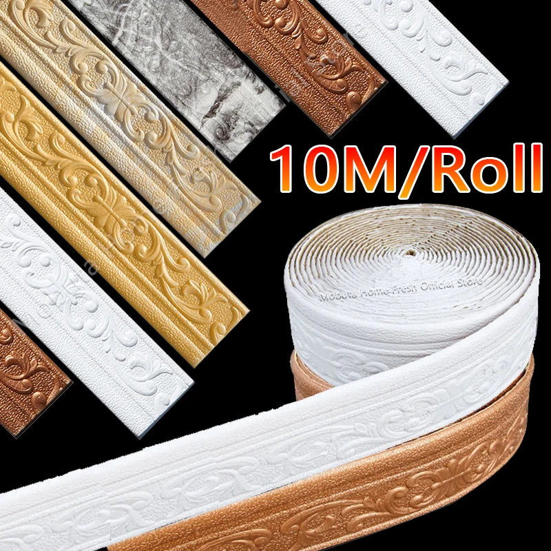 10m/2.3M 3D Wall Trim Line Skirting Border Self Adhesive Waterproof Baseboard Wallpaper Wall Sticker for Room Home Decoration