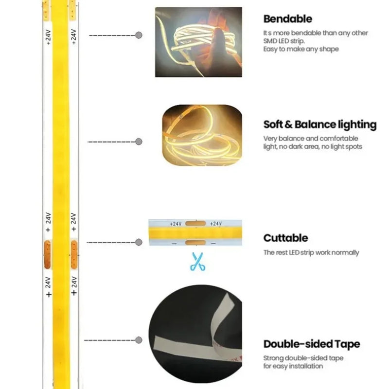 COB LED Strip Lights 12V 24V 5M 4M 3M 2M 1M 320LEDs/M High Density Flexible LED Tape 3000K 4000K 6000K KitchenRoom Decor 8mm