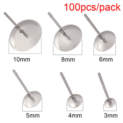 50-100pcs Stainless Steel Blank Earrings Pearl Cup Studs Base Pins Round Cabochon Tray Settings DIY Pearl Ear Post Pin Findings