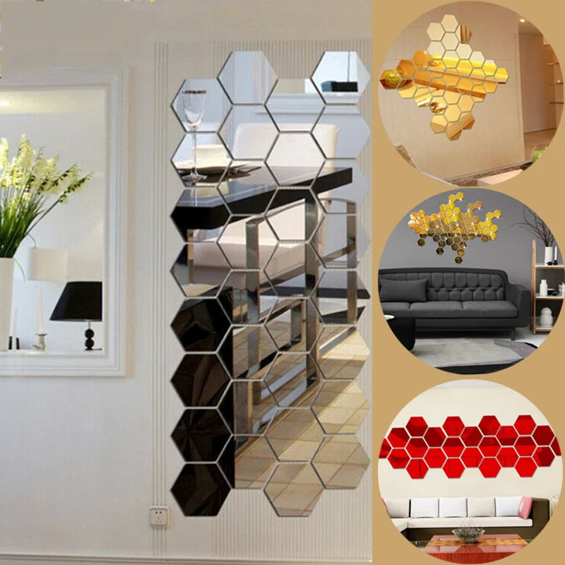 12Pcs Hexagon Mirror Wall Sticker Square Acrylic Wall Sticker Self-Adhesive Acrylic Tiles Sticker for Bathroom Diy 3D Wall Decal