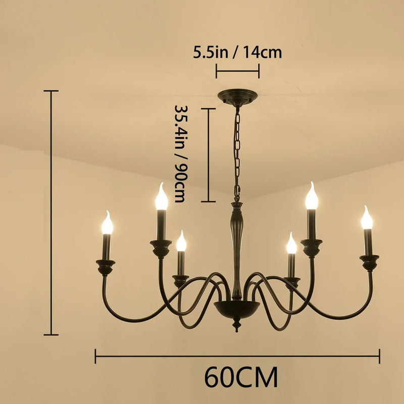 American Rustic Classic LED Iron Chandelier Hanging Light Fixture 6 Candle Pendant Lamp for Kitchen Dining Hotel Loft Bar Home