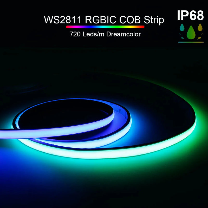 WS2811 RGBIC COB Neon LED Strip 720Leds/m High Density Addressable FCOB LED Light Tape IP68 Waterproof DC24V