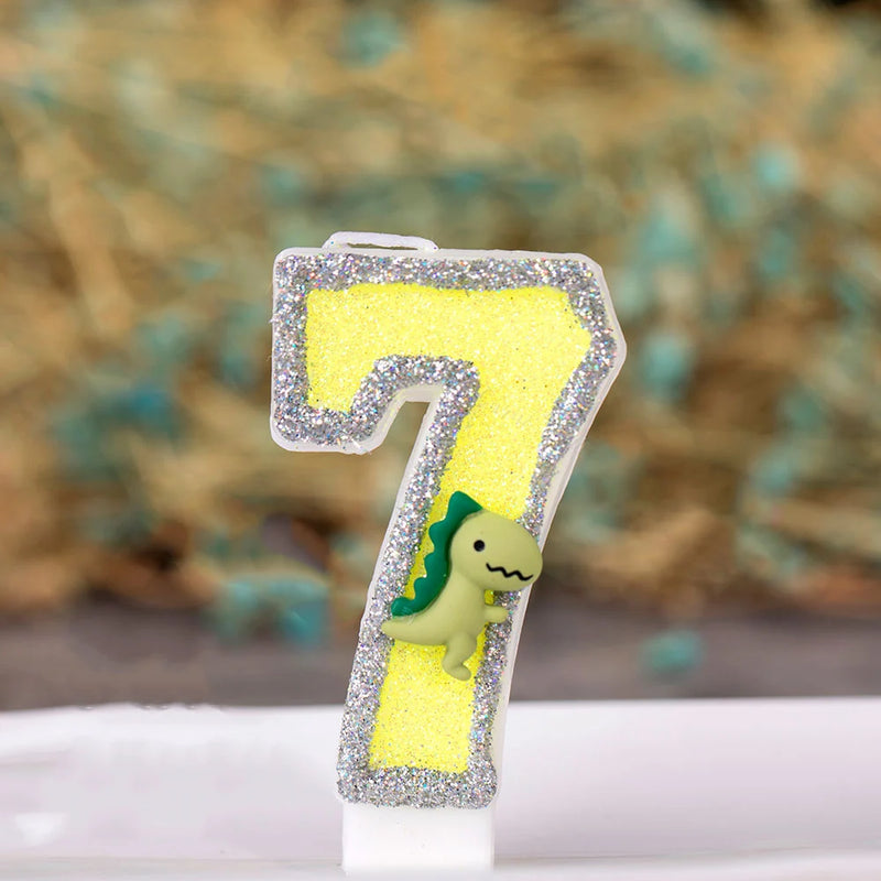 Cartoon Dinosaur Birthday Candle For Cake  Yellow Green Glitter Cupcakes Topper Kids Party Number 0-9 Supplies Boys Favor Gifts