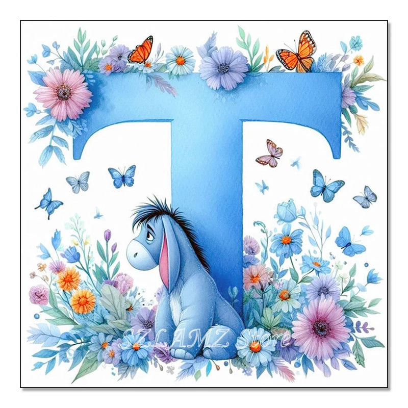 5D DIY Full Round Diamond Painting Letter Series Eeyore Donkey and Flowers Mosaic Art Kit Room Home Living Room Decoration