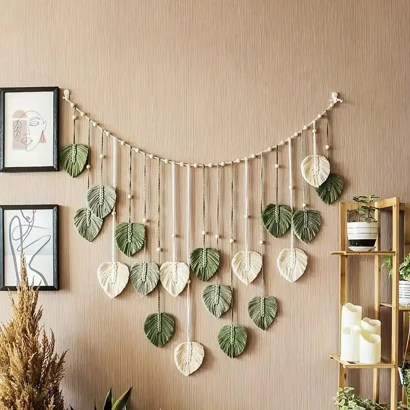 Boho Home Decoration, Macrame Tapestry Macrame Leaf Feather Wall Hanging Decor for Living Room Bedroom, Boho Wall Art Home Decor