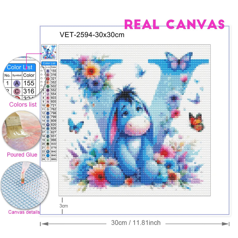 5D DIY Full Round Diamond Painting Letter Series Eeyore Donkey and Flowers Mosaic Art Kit Room Home Living Room Decoration