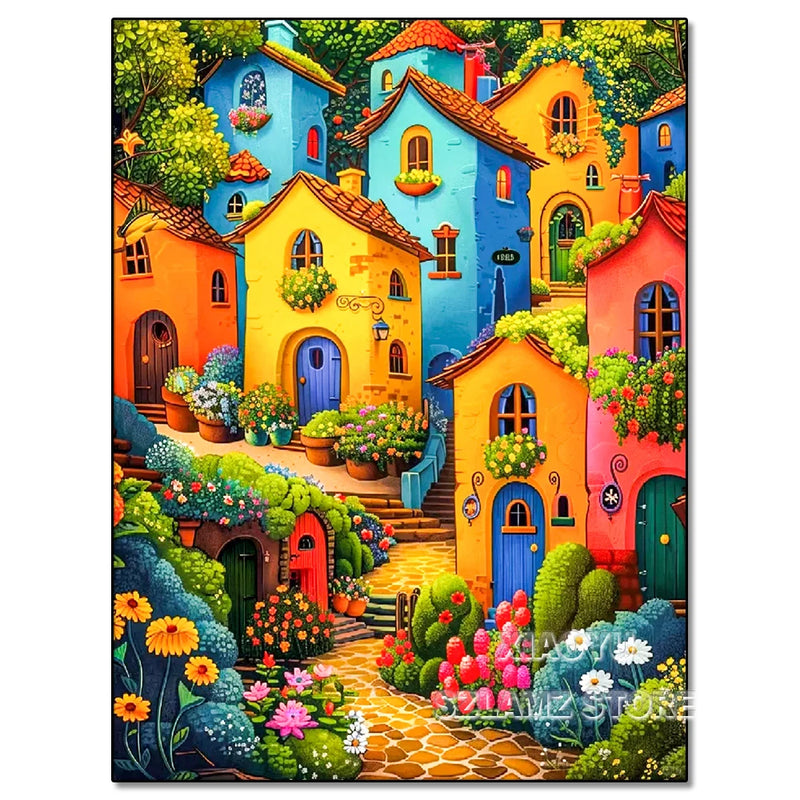 Diamond Painting Cartoon Fairy Tale World Colorful Castle Town Scenery 5D Full Round DIY Diamond Mosaic Embroidery Cross Stitch