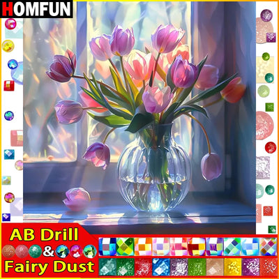 HOMFUN Fairy Dust AB Diamond Painting Full Square/Round Diamond "Flower Tulip" Pattern Embroidery 5D Rhinestone Painting