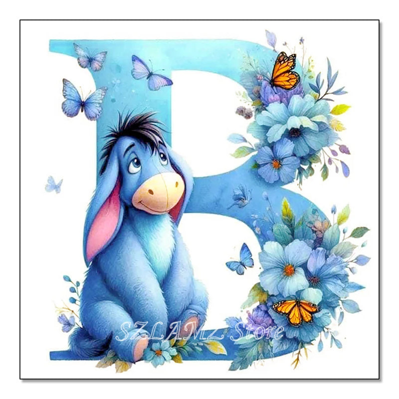 5D DIY Full Round Diamond Painting Letter Series Eeyore Donkey and Flowers Mosaic Art Kit Room Home Living Room Decoration