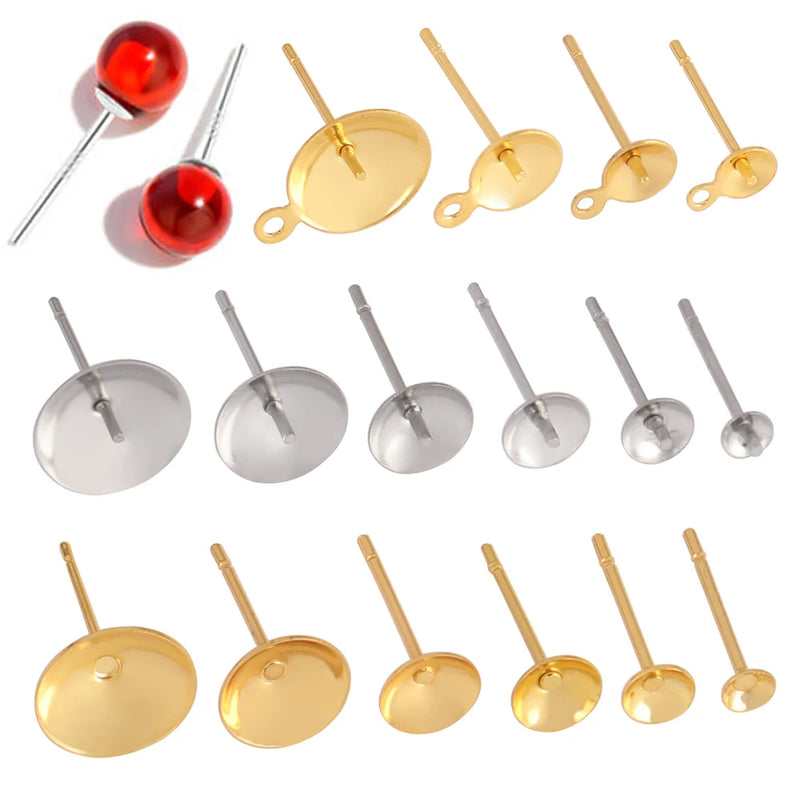 50-100pcs Stainless Steel Blank Earrings Pearl Cup Studs Base Pins Round Cabochon Tray Settings DIY Pearl Ear Post Pin Findings