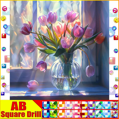 HOMFUN Fairy Dust AB Diamond Painting Full Square/Round Diamond "Flower Tulip" Pattern Embroidery 5D Rhinestone Painting