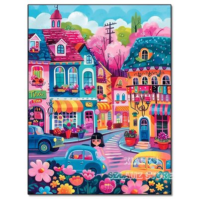 Diamond Painting Cartoon Fairy Tale World Colorful Castle Town Scenery 5D Full Round DIY Diamond Mosaic Embroidery Cross Stitch