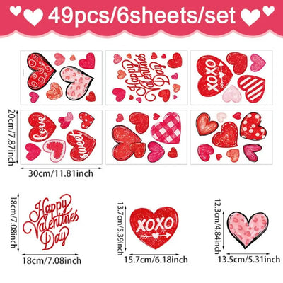 49PCS/6Sheets Heart Shaped Valentine’s Day Love Stickers Romantic Red Window Stickers PVC Wall Stickers Home Decorations