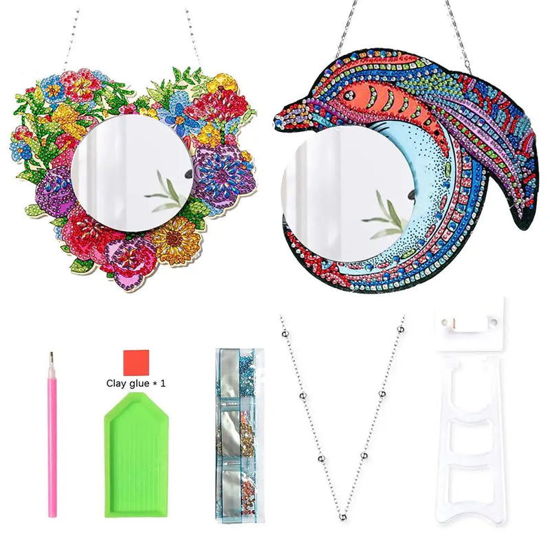 DIY Diamond Painting Mirror Heart Wreath Dolphin Diamond Painting Makeup Mirror Kit Art Rhinestone Makeup Mirror for Beginner