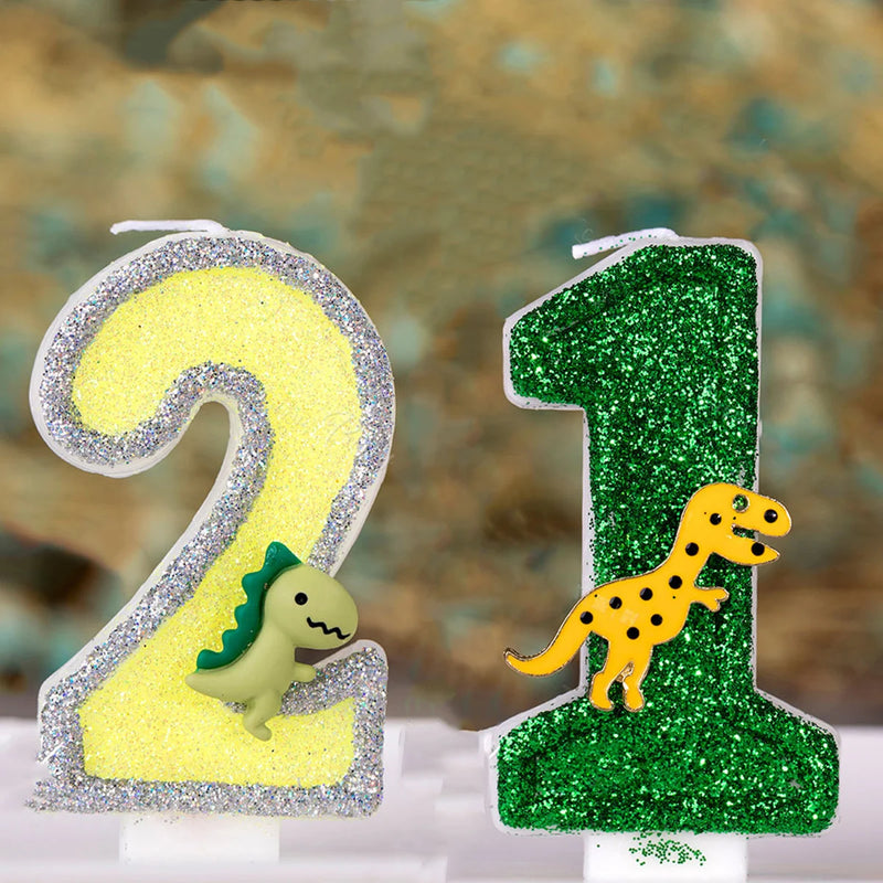 Cartoon Dinosaur Birthday Candle For Cake  Yellow Green Glitter Cupcakes Topper Kids Party Number 0-9 Supplies Boys Favor Gifts