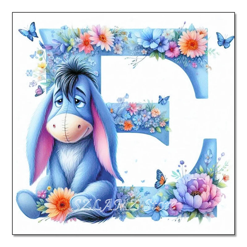 5D DIY Full Round Diamond Painting Letter Series Eeyore Donkey and Flowers Mosaic Art Kit Room Home Living Room Decoration