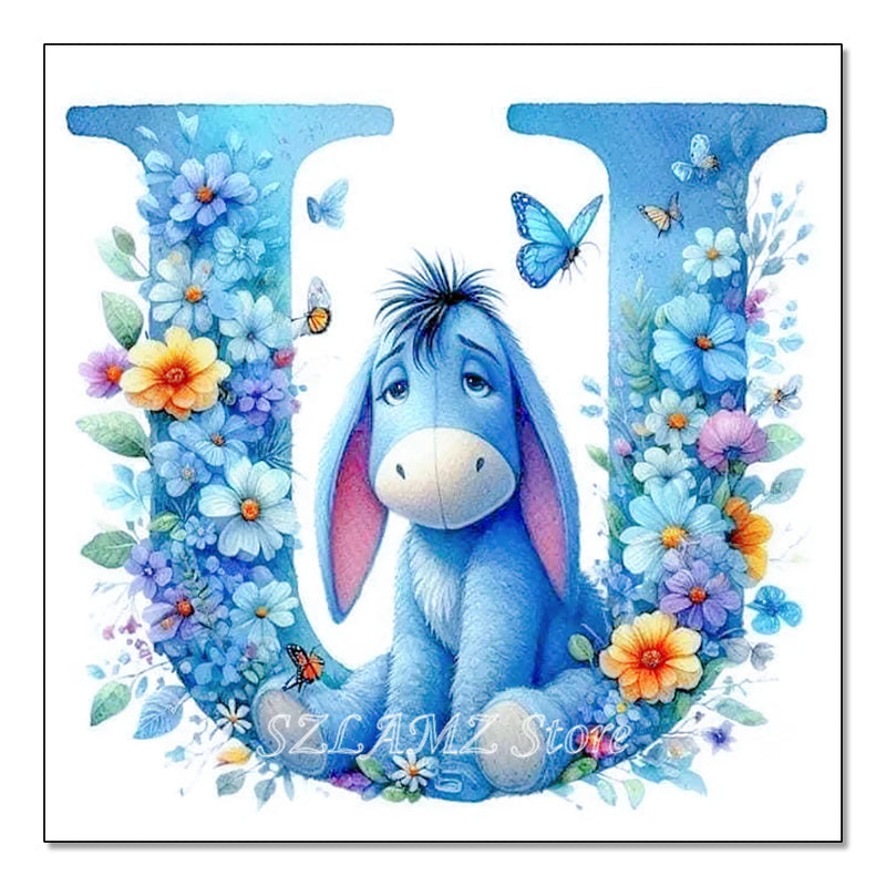 5D DIY Full Round Diamond Painting Letter Series Eeyore Donkey and Flowers Mosaic Art Kit Room Home Living Room Decoration