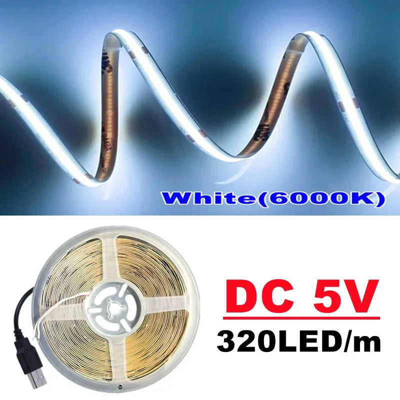 DC5V COB Led light strip with USB power supply 320LED/m high-density flexible lighting 3000K/4500K/6500K multi color light strip