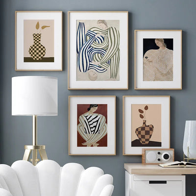 Abstract Line Striped Pajama Women Wall Art Geometric Vase Canvas Painting Nordic Posters And Print Living Room Home Mural Decor