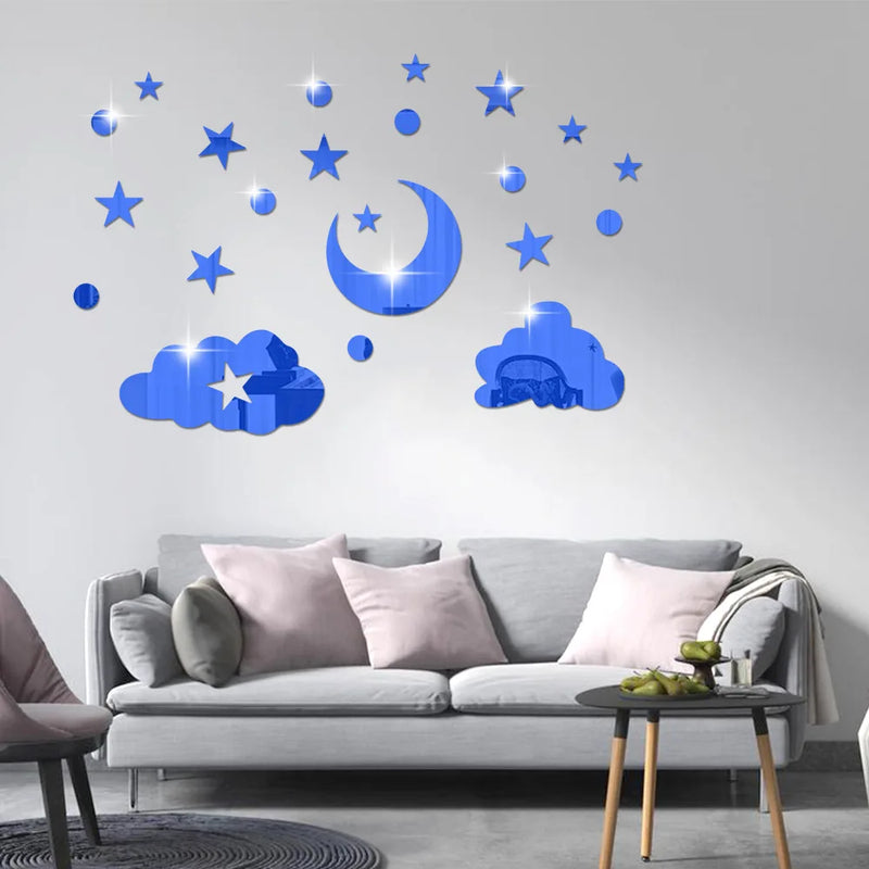 Stars moon clouds mirror 3d three-dimensional decoration wall paste bedroom wall room wall self-adhesive mirror wall stickers