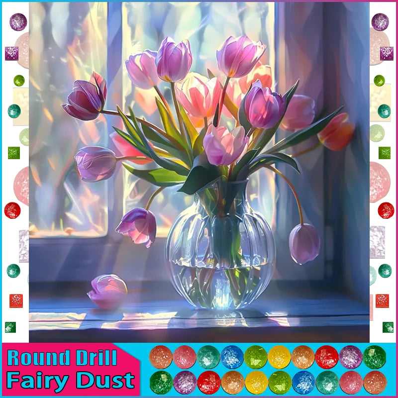 HOMFUN Fairy Dust AB Diamond Painting Full Square/Round Diamond "Flower Tulip" Pattern Embroidery 5D Rhinestone Painting