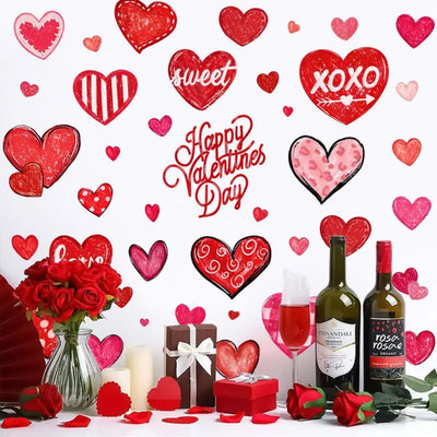 49PCS/6Sheets Heart Shaped Valentine’s Day Love Stickers Romantic Red Window Stickers PVC Wall Stickers Home Decorations