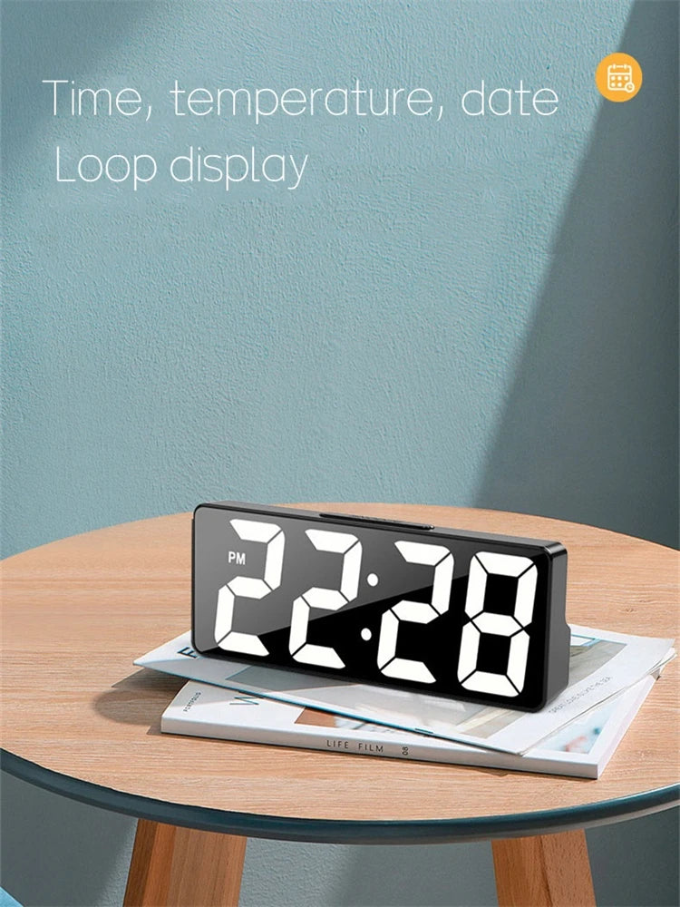 Digital Clock LED Alarm Clock Electronic Desktop Clock With Temperature Display Adjustable Brightness Plug-in Mirror Clock