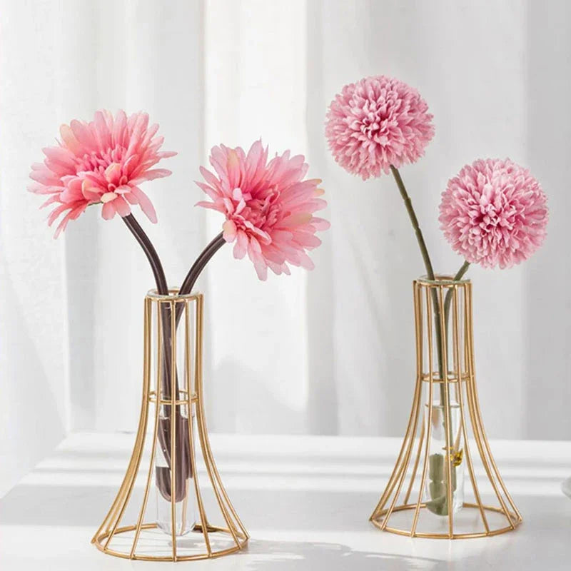 Golden Vase Metal Flowers Pot Floral Flower Arrangement Plated Alloy Glass Vases Desk Decoration Modern Luxurious Home Decor