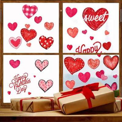 49PCS/6Sheets Heart Shaped Valentine’s Day Love Stickers Romantic Red Window Stickers PVC Wall Stickers Home Decorations