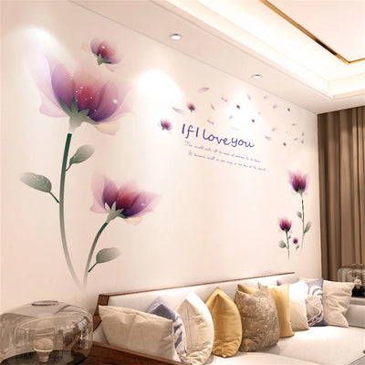 DIY Purple Lavender Living Room Wall Stickers Decor Self-adhesive Flowers Butterfly Wall Decals Mural Bedroom Home Decorations