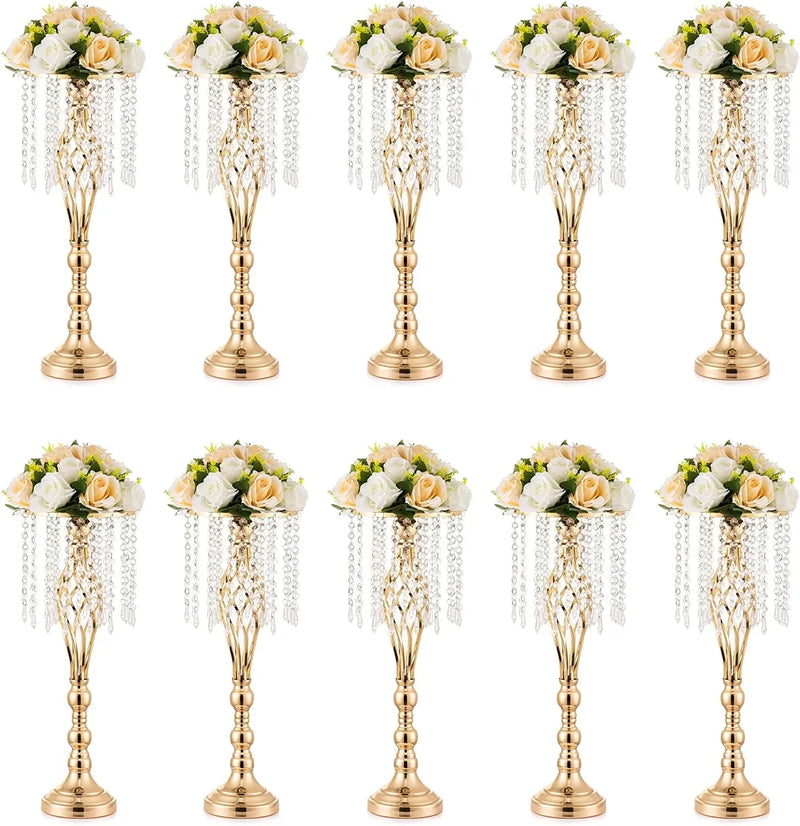 10 Pcs Gold Vase for Wedding Centerpieces Table Decorations with Chandelier Crystals, Flower Vase, Wedding Metal Flower Stand