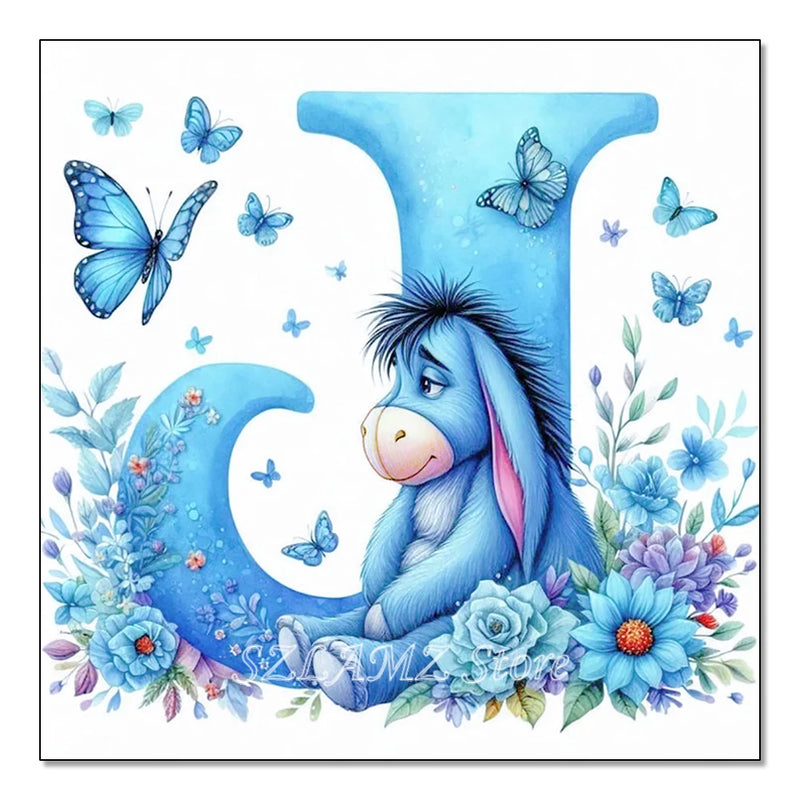 5D DIY Full Round Diamond Painting Letter Series Eeyore Donkey and Flowers Mosaic Art Kit Room Home Living Room Decoration