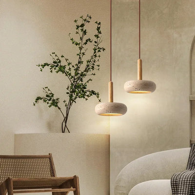 Japanese Style Stone Pendant Light Travertine Suspension Ceiling Hanging Lamp for Kitchen Island Living Room LED Fixture