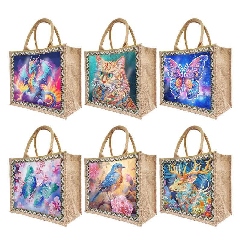 Diamond Painting Tote Bag Diamond Painting Grocery Bags Replaceable Canvas Linen Cat Flowers and Bird Elk for Women Adults Craft