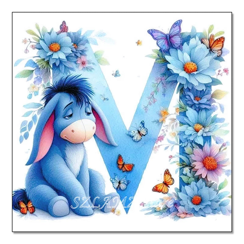 5D DIY Full Round Diamond Painting Letter Series Eeyore Donkey and Flowers Mosaic Art Kit Room Home Living Room Decoration