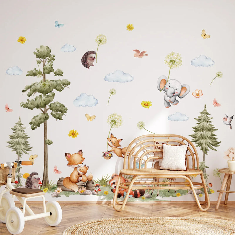 Forest Animals Wall Stickers Cartoon Fox Hedgehog Pine Tree Vinyl Decals for Children&