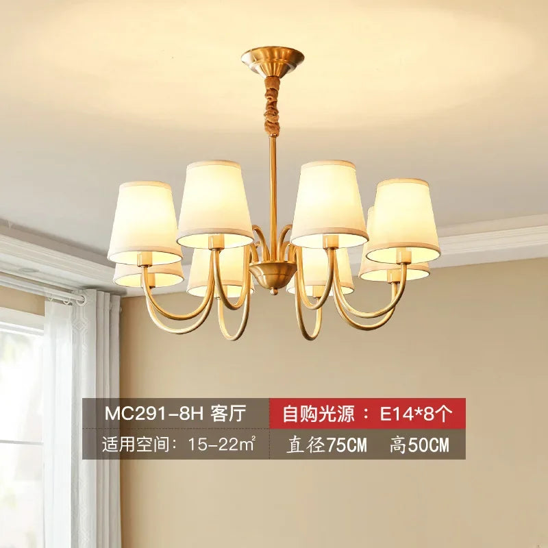 American Copper Led Chandelier Ceiling Lamp Living Dining Room Kitchen Hanging Light Luxury Fabric Home Decor Pendant Lighting