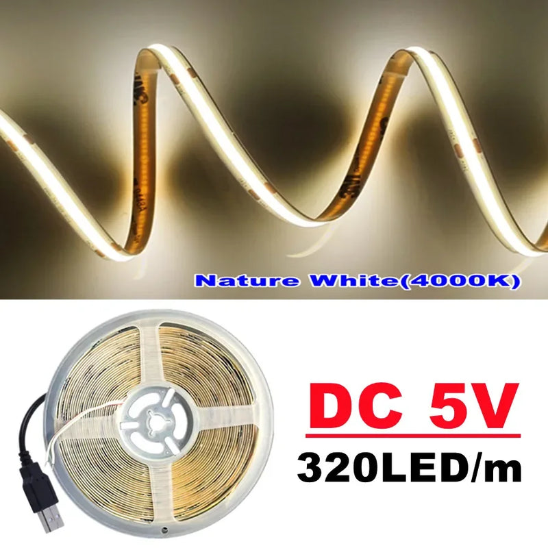 DC5V COB Led light strip with USB power supply 320LED/m high-density flexible lighting 3000K/4500K/6500K multi color light strip