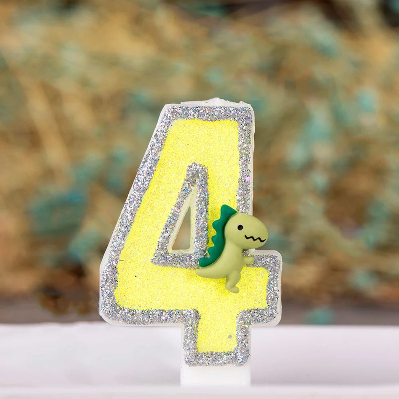 Cartoon Dinosaur Birthday Candle For Cake  Yellow Green Glitter Cupcakes Topper Kids Party Number 0-9 Supplies Boys Favor Gifts