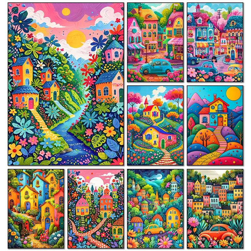 Diamond Painting Cartoon Fairy Tale World Colorful Castle Town Scenery 5D Full Round DIY Diamond Mosaic Embroidery Cross Stitch