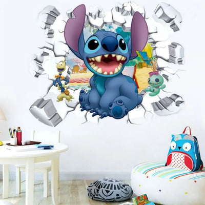 3D Broken Wall Lilo & Stitch Wall Stickers For Kid's Room Kindergarten Living Room Bedroom Wall Decoration Animated Poster