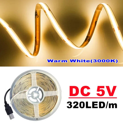 DC5V COB Led light strip with USB power supply 320LED/m high-density flexible lighting 3000K/4500K/6500K multi color light strip