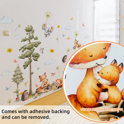 Forest Animals Wall Stickers Cartoon Fox Hedgehog Pine Tree Vinyl Decals for Children's Room Baby Bedroom Home Wall Decoration